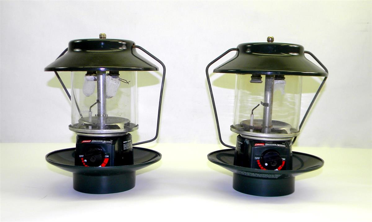 Lot of 2 Coleman Portable Propane Gas Lantern with Electric Ignition with  Wooden Crate for Carrying